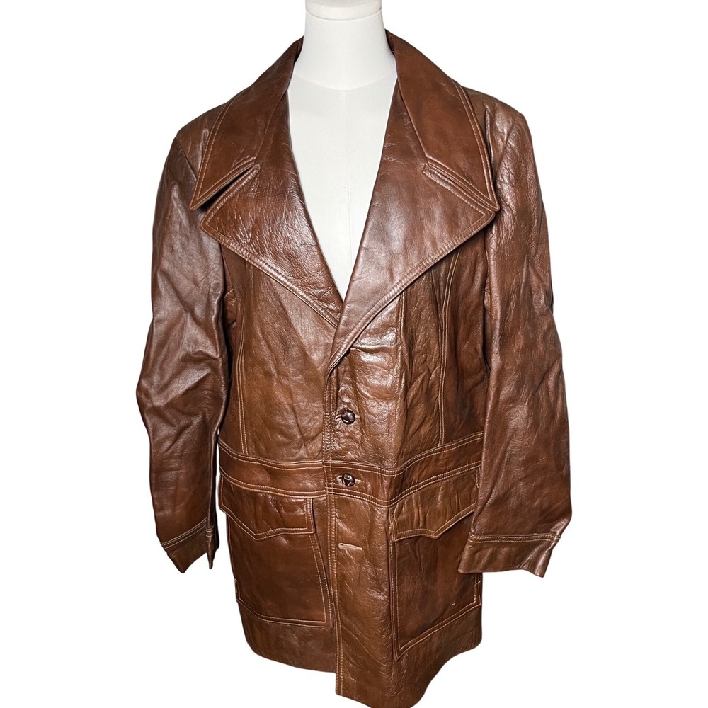 Classic Leather Coat‎ Brown Cabretta Wide Lapel G-III Men 44L